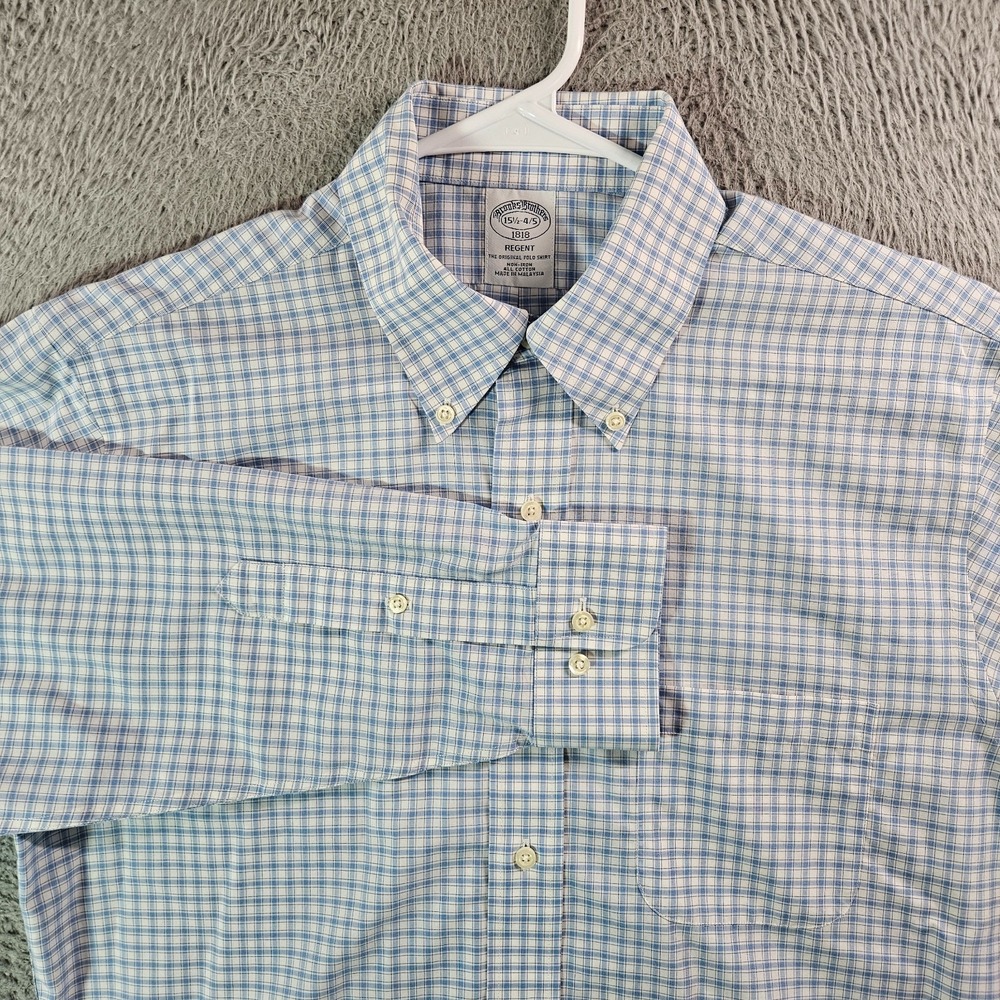 Brooks Brothers 1818 Shirt Men 15.5 4/5 Button Up Long Sleeve Light Blue Plaid